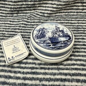 Delft Schoonhoven Holland Handmade Ceramic Round Trinket Box Nautical Theme VTG